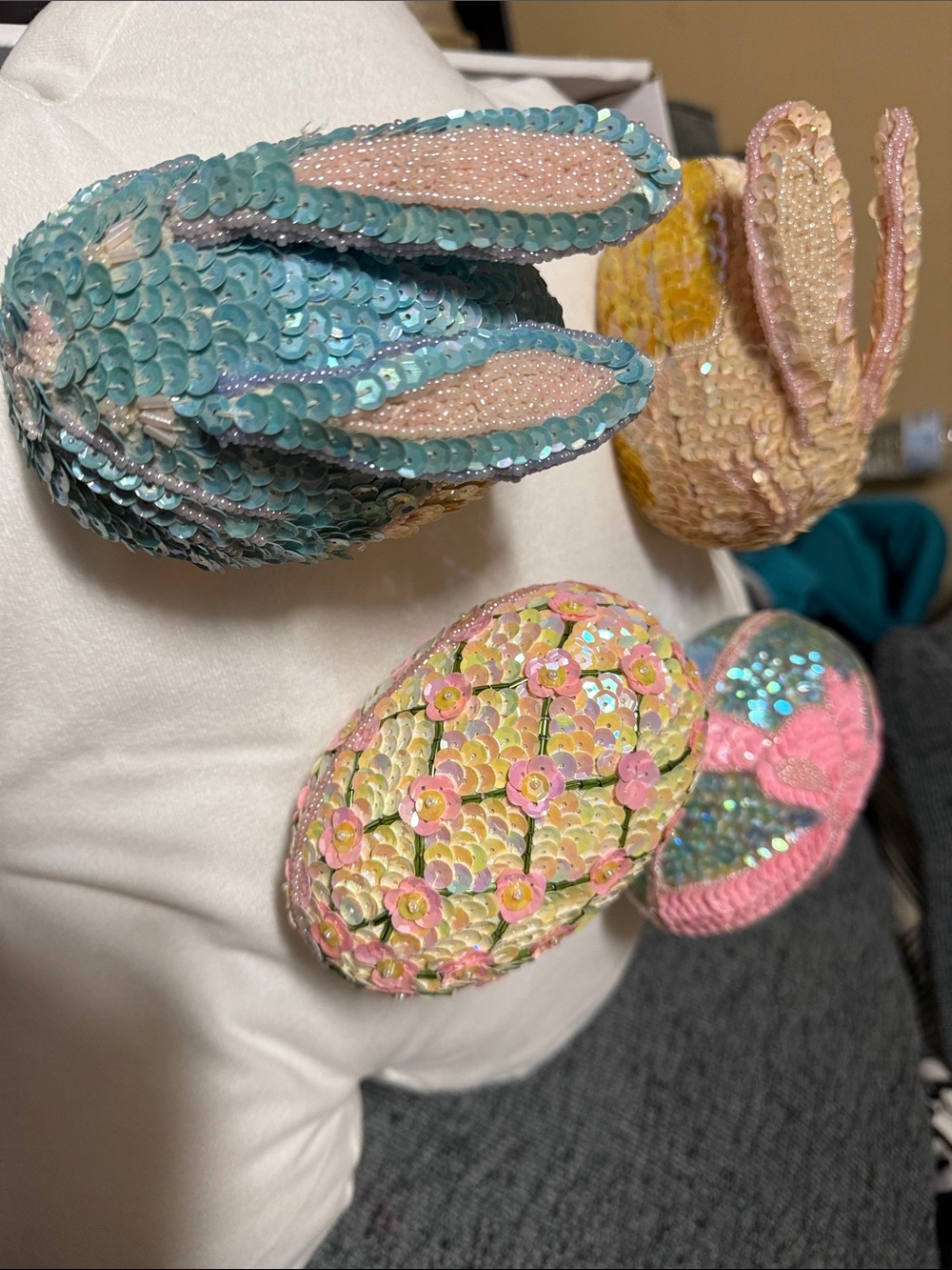 Sequin Bunny & Egg Holiday Decor Set - Pastel Blue, Pink, Yellow